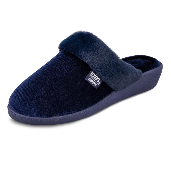 Isotoner® Ladies Sparkle Velour Heeled Mule Navy Extra Image 2